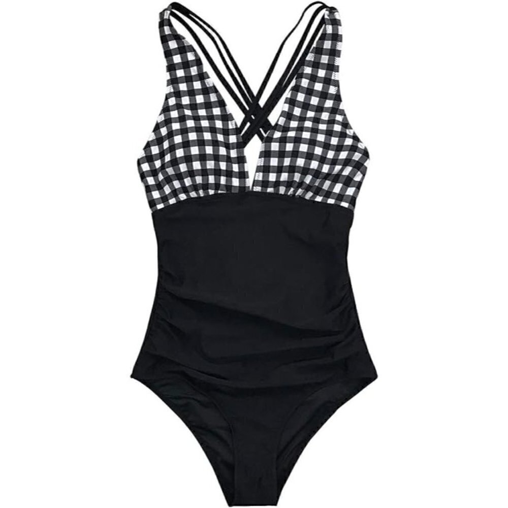 CUPSHE Black Gingham Ruched Criss-Cross Back One Piece Swimsuit Small New